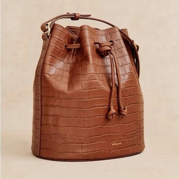 Sezane Brown Croc-Embossed Bucket Bag - Picture 4 of 11